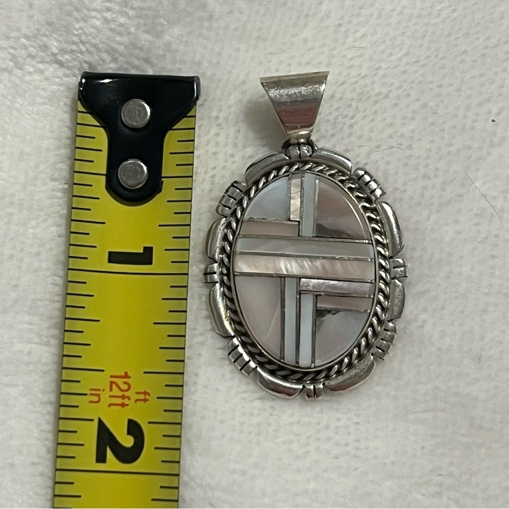 Navajo 925 Sterling Silver Oval Mother of Pearl Inlay Bezel Signed Pendant